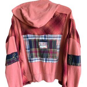 Coral Patchwork Upcycled Hoodie, Size M-L: Boho Cottagecore Zip-Up Jacket